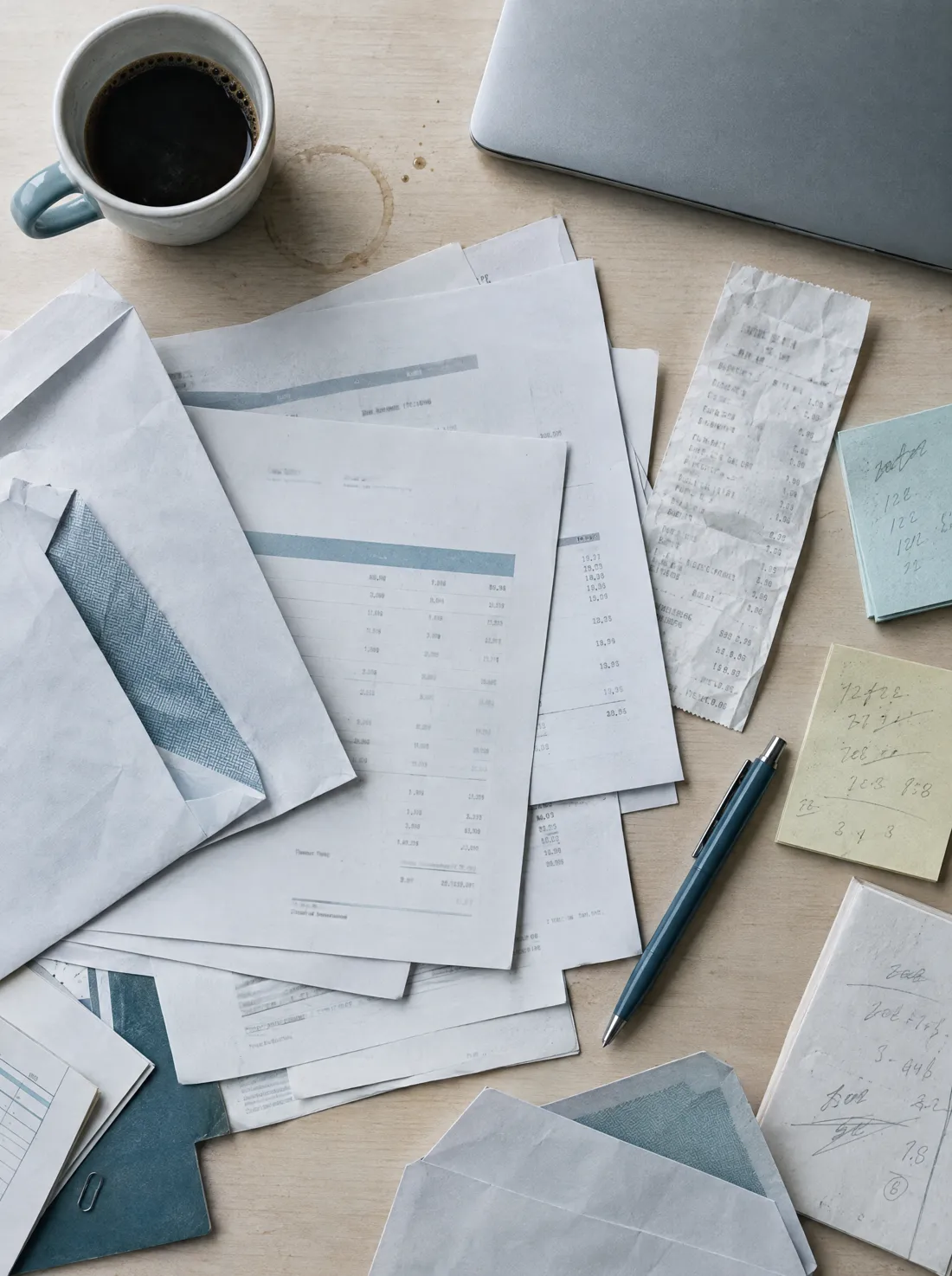 Overhead view of a desk covered in invoices, opened envelopes, receipts and sticky notes beside a coffee cup and a laptop.